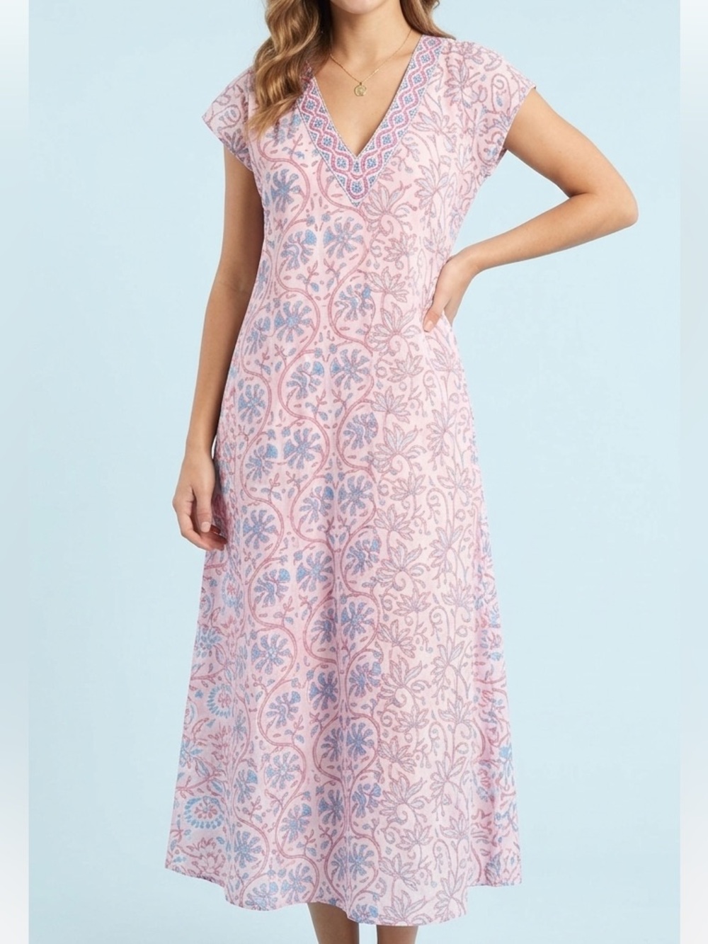 BELLA TU FLORAL Pink and Blue Flutter Sleeve V-Neck Sundress XS